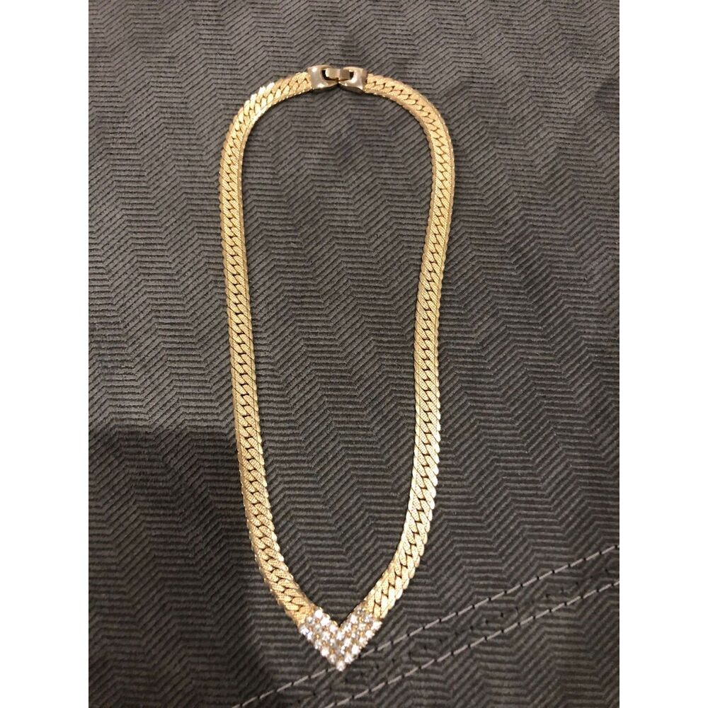 1980’s Art Deco Gold Tone Herringbone Necklace Collar Set With Rhinestone